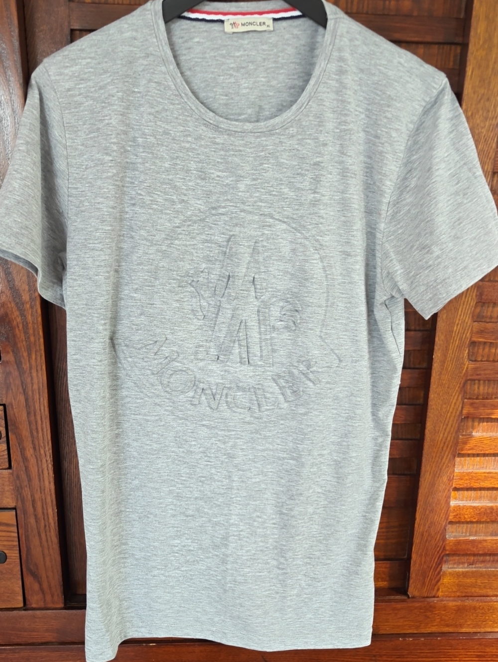 Moncler Grey Embossed Logo Cotton Stretch Tee — Size XL